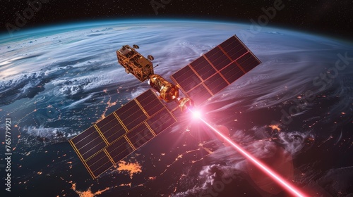 Fototapeta Naklejka Na Ścianę i Meble -  An illustration of a satellite equipped with solar panels harnessing solar power in orbit, with a dramatic Earth and space backdrop.