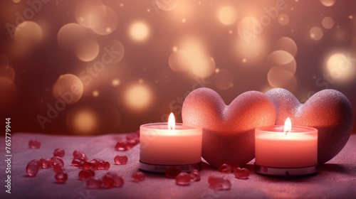 Two red hearts and two candles on a background of blurred lights  Valentine s Day holiday.