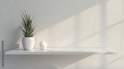 A minimalist empty shelf backdrop with white walls and natural light shadow background