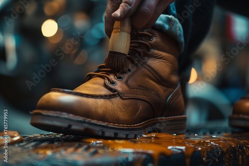 Man applies shoe polish with a small brush closeup