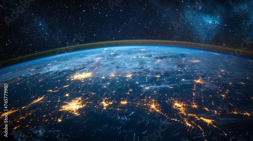 The Earth at night  viewed from space  showcasing the glowing lights of cities scattered across the darkened continents beneath a starry sky.