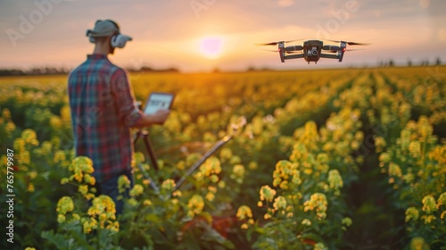 A farmer operates a drone with a remote control over a flowering crop field  utilizing modern technology for an agricultural survey at sunset.