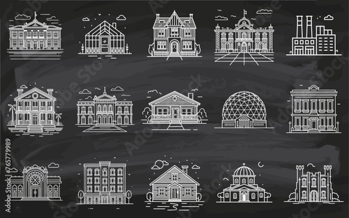 Vektorgrafik-Bundle: 15 verschiedene globale Gebäude-Illustrationen auf Kreidetafel