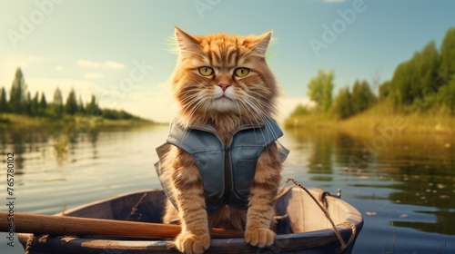 Whiskers and water: a cat in clothes becomes a fisherman by the lake, adding a playful touch to the scenic landscape of the park. photo