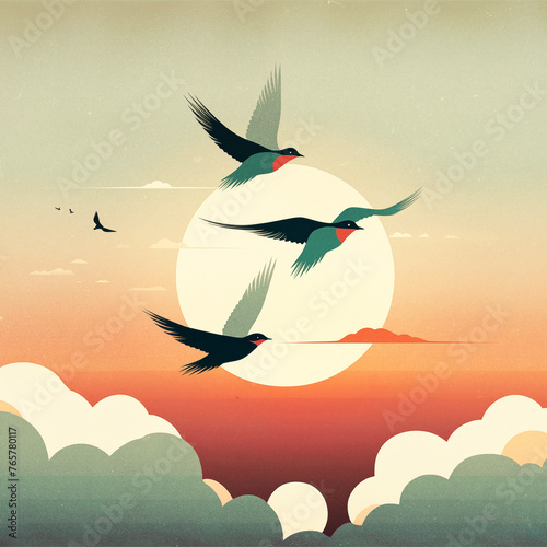 birds in the sky illustration, landscape with sun and clouds photo