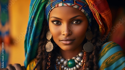 Envision a captivating portrayal of a Marrakech tropical tribe woman, blending the vibrant culture of Marrakech with a tropical essence. 