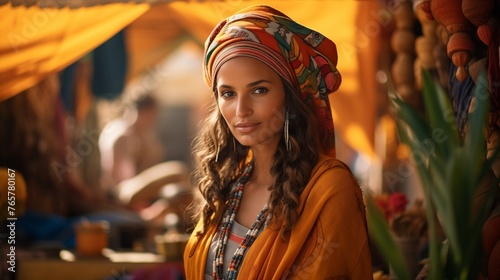 Envision a captivating portrayal of a Marrakech tropical tribe woman, blending the vibrant culture of Marrakech with a tropical essence. 