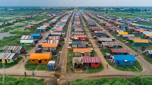 Vibrant colored houses in an aerial view of a dense informal settlement, showcasing urban living contrasts.