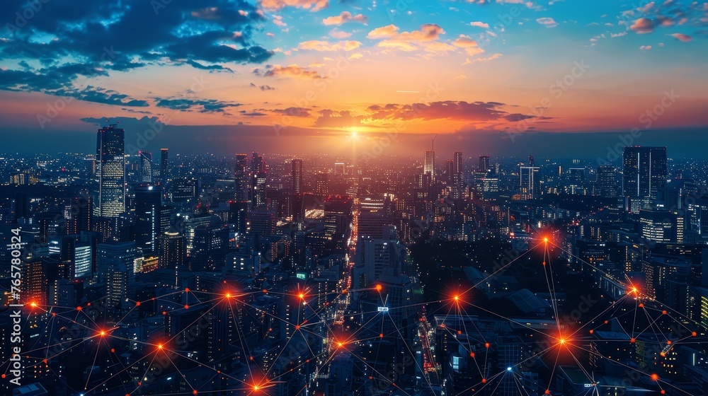 Sunset view over a sprawling cityscape interconnected with a glowing network of smart city technology, highlighting urban innovation.