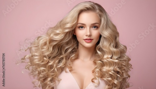 blonde beautiful girl with long wavy and shiny hair