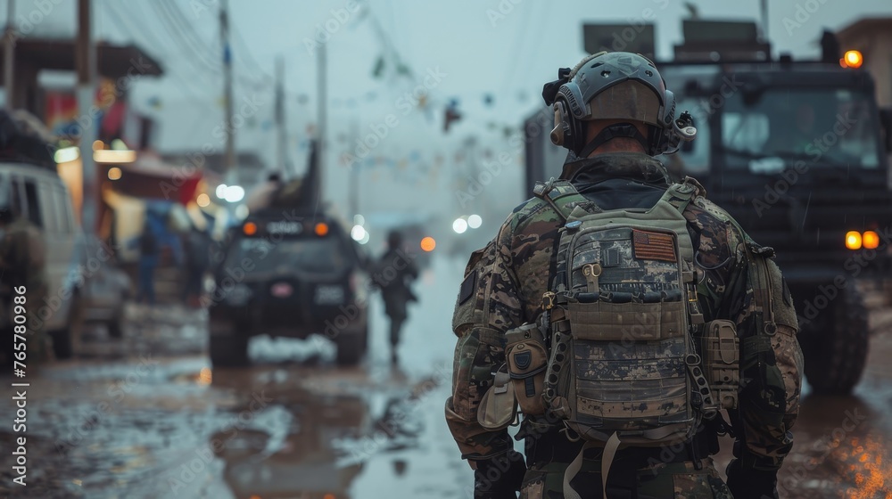 A fully equipped soldier watches over a convoy of military vehicles on a wet urban street at dusk. A fully equipped soldier watches over a convoy of military vehicles on a wet urban street at dusk.