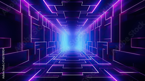 Abstract beautifull background with neon light, geometric shapes and lines. Glowing ultraviolet dark room in the tunnel interior design of modern architecture  photo