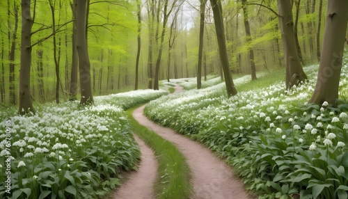 forest path lined with white blooming wild garlic photo
