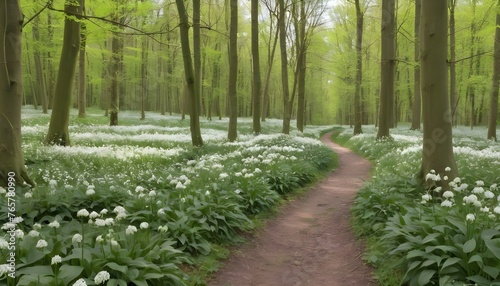 forest path lined with white blooming wild garlic photo
