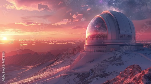 The sun sets, casting a pink glow over a snowy mountain top observatory, with the stars beginning to emerge in the deepening sky.