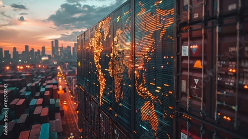 Shipping containers at a commercial port overlaid with a luminous map highlighting global trade routes and economic activity at twilight. photo