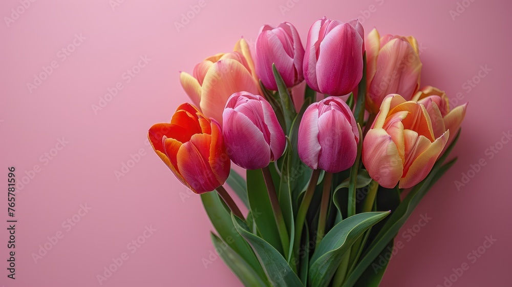 Fototapeta premium Bouquet of tulisps flower on pink background