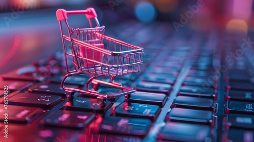 A miniature shopping cart placed on a laptop keyboard, illustrating the concept of online shopping and e-commerce. photo