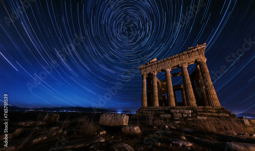 A long-exposure photo of the night sky above an ancient Greek temple. Star trails in a night sky, long exposure style , star motion
