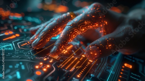 Hands adorned with illuminated circuits are engaging with a futuristic interface, evoking advanced technology and human-computer interaction concepts.