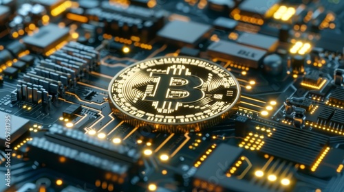 A close-up image of a Bitcoin resting on an intricate circuit board, depicting the intersection of cryptocurrency and technology.