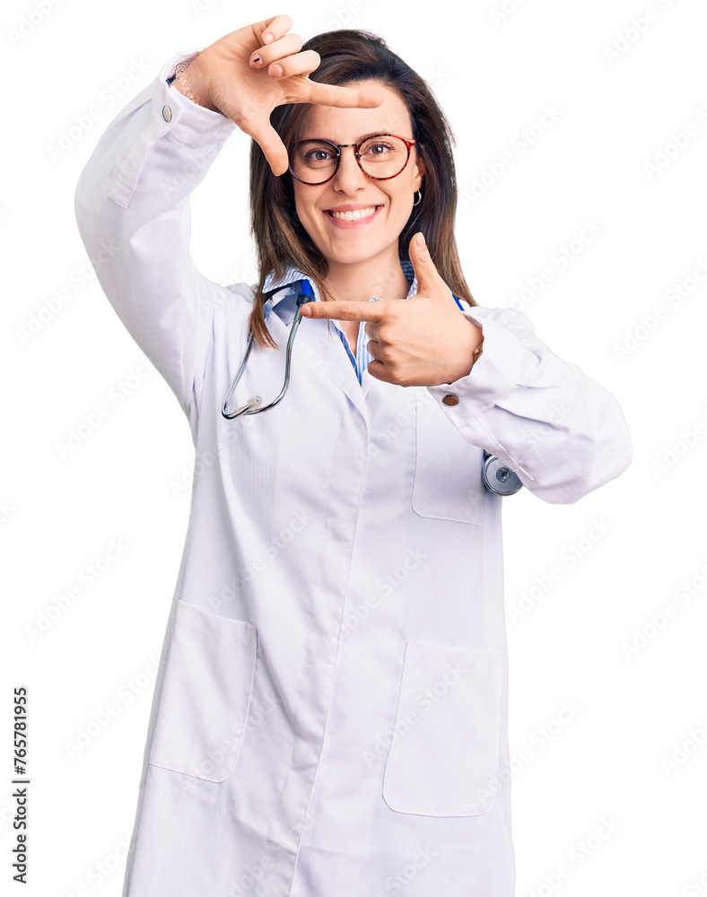Young beautiful woman wearing doctor stethoscope and glasses smiling making frame with hands and fingers with happy face. creativity and photography concept. - obrazy, fototapety, plakaty 