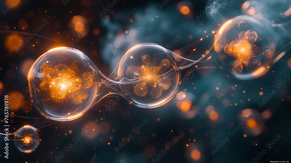A breathtaking HD image of atoms suspended in the air, their transparent forms glowing softly as they interact in a delicate cosmic ballet - obrazy, fototapety, plakaty 
