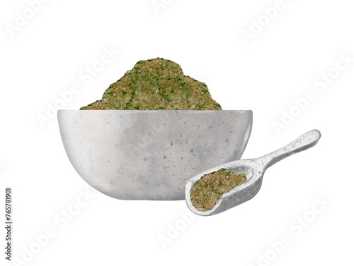 Green sea salt in a ceramic bowl and measuring spoon. Hand drawn watercolor illustration isolated on white background. Body care concept, spa treatments