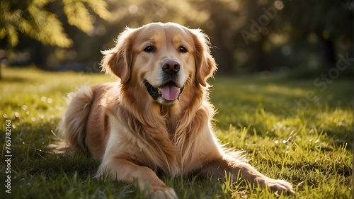  Picture a scene of pure delight and warmth, set on a serene summer afternoon. In this idyllic setting, a majestic Golden Retriever basks in the golden rays of the sun, its luxurious coat shimmering l
