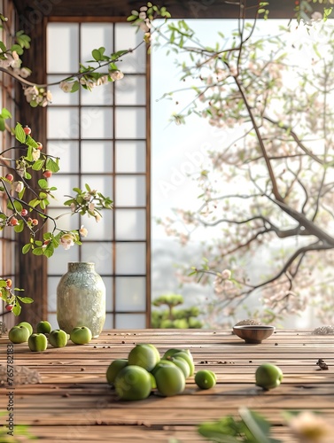 A serene Japanese setting with green plums on a ceramic plate, accompanied by a rustic tea set, overlooking a beautiful view of a garden.