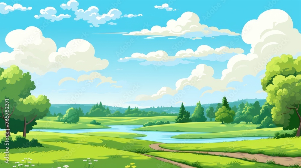 Grass Field landscape with blue sky and white cloud. Blue sky clouds sunny day wallpaper. Cartoon illustration of a Grass Field with blue sky in Summer. A mountain with Grass Field with blue sky.