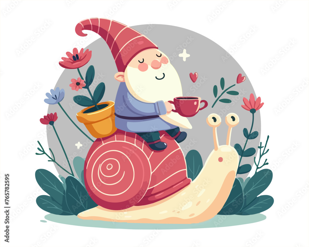 Naklejka premium Little garden gnome rides on a snail and drinks tea from a cup. Fairy tale character. Vector illustration. Isolated on white.