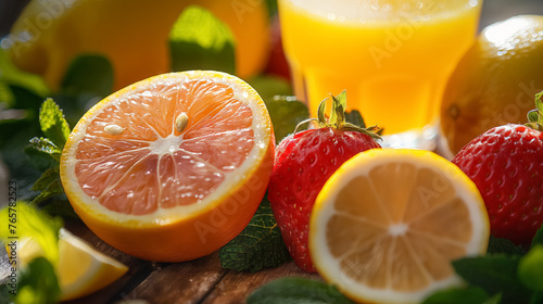 Fresh citrus fruits and berries, bright colors.