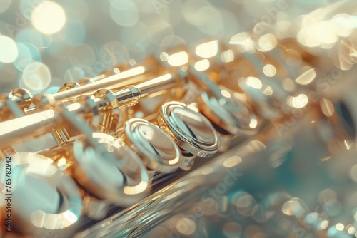 Close-up view of a brass instrument's valves and tubing with bokeh background. photo
