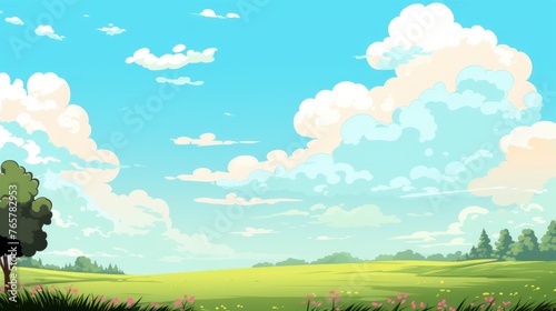 Blue sky clouds sunny day wallpaper. Grass Field landscape with blue sky and white cloud. Cartoon illustration of a Grass Field with blue sky in Summer. green field in a day