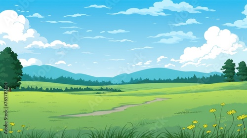 Grass Field landscape with blue sky and white cloud. Blue sky clouds sunny day wallpaper. Cartoon illustration of a Grass Field with blue sky in Summer. A mountain with Grass Field with blue sky. photo