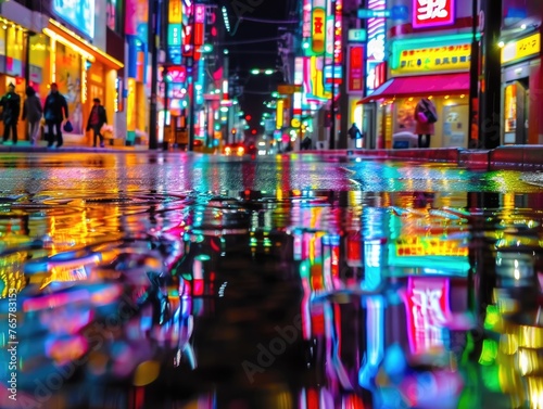 Neon-lit Tokyo street after rain  reflections shimmering on wet pavement