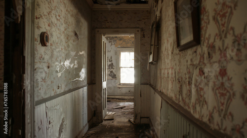 old shabby hallway in an abandoned farmhouse