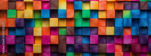 Abstract colorful geometric rainbow colors colored 3d wooden square cubes texture wall background photo