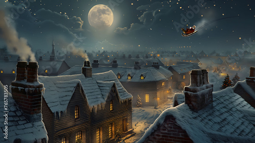 Santa's sleigh flies over snow-laden rooftops, depicting holiday cheer and magic