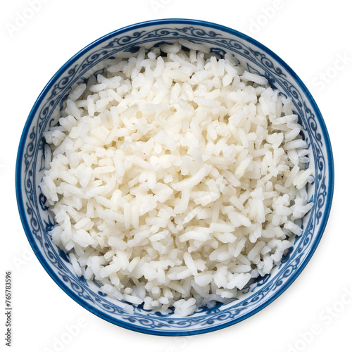 Cooked white rice in an asian white and blue ceramic bowl isolated on white from above.