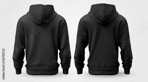 Generate a set of mockup templates featuring black front and back views of tee hoodies, ensuring a white background 