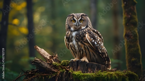 great horned owl on a branch. an owl sitting on top of a tree. Ai ganerated image