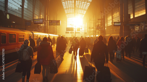 A bustling train station filled with excited passengers, luggage in hand, waiting eagerly for the journey ahead, under the glow of morning sunlight