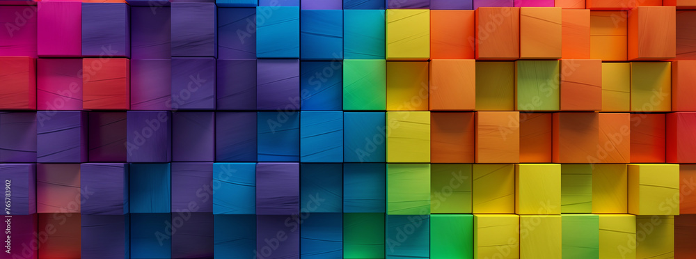 Abstract colorful geometric rainbow colors colored 3d wooden square cubes texture wall background