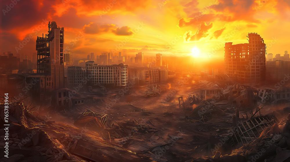Post apocalyptic landscape with ruined city after nuclear war.