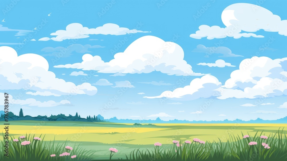 Grass Field landscape with blue sky and white cloud. Blue sky clouds sunny day wallpaper. Cartoon illustration of a Grass Field with blue sky in Summer. green field in a day Grass Field landscape with blue sky and white cloud. Blue sky clouds sunny day wallpaper. Cartoon illustration of a Grass Field with blue sky in Summer. green field in a day