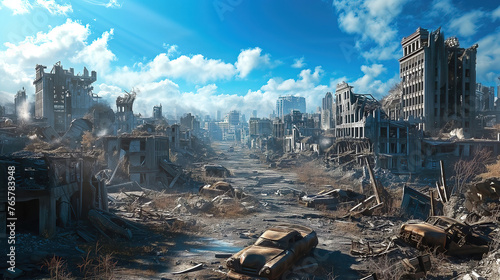 Post apocalyptic landscape with ruined city after nuclear war. © Cobalt
