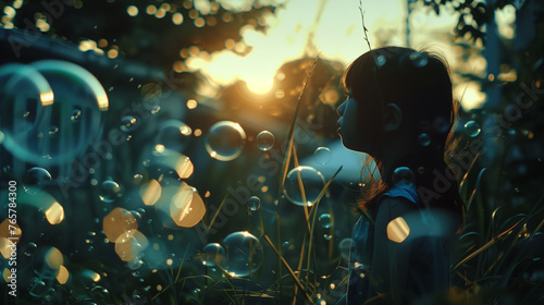 background with bubbles and little girl childhood memory