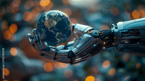  A futuristic robot carefully holds a detailed model of the Earth against a natural background, symbolizing advanced technology and global concern,